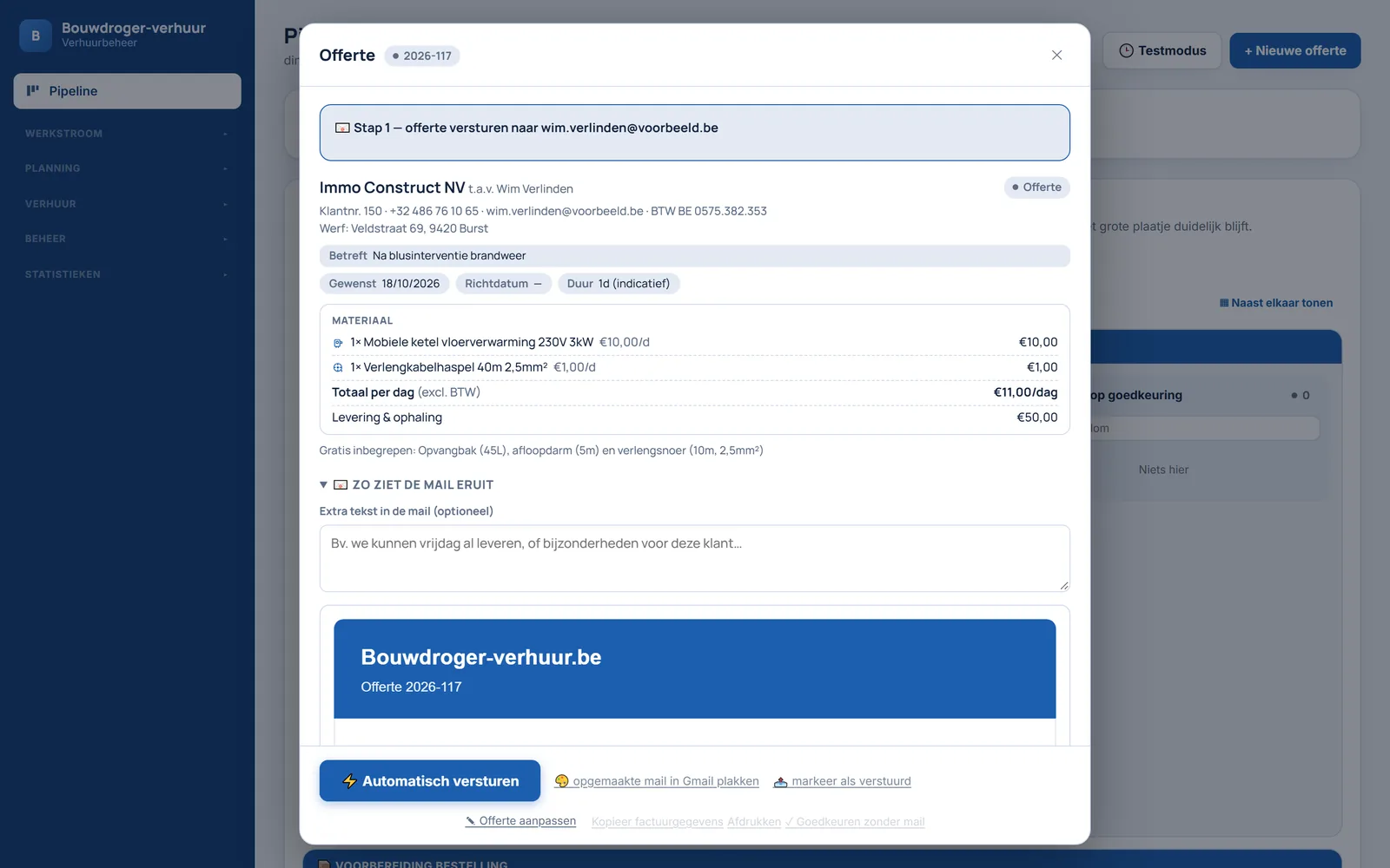 Offerte met materiaal, totaal per dag, voorbeeld van de mail en de knop Automatisch versturen