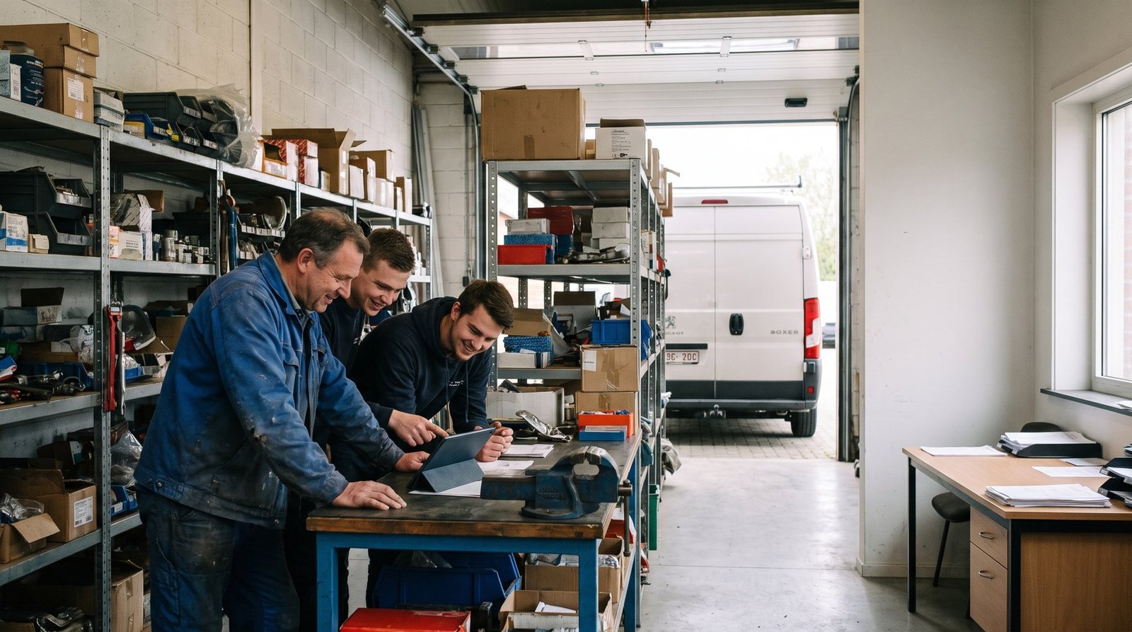 Een team bekijkt samen een tablet in de werkplaats